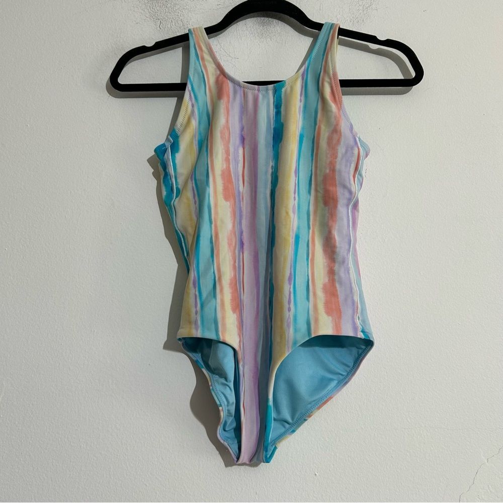 Athleta Girl Scoop One Piece Swimsuit Watercolor Stripe Blue Size Large 12